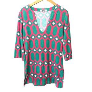 Tibi Terry Cloth Swim Cover Up Tunic Women's S Colorful Print 3/4 Sleeve V-Neck